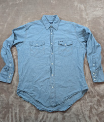 Wrangler Western Shirt Mens L Blue Chambray Pearl Snap Long Sleeve