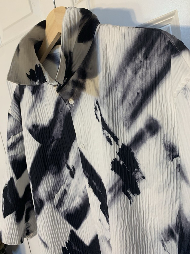 Zara Mens Sz XL Abstract Geometric Button Up Shirt Black White Short Sleeve