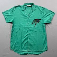 Sir Beau Vintage Teal Green Parrot Graphic Short Sleeve Button Up Shirt Mens M