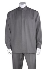 Men’s Casual Walking Suit Long Sleeve Banded Collar Shirt & Pants Set 2826 Solid