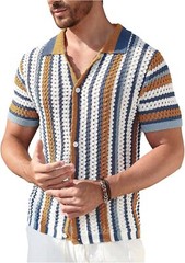 Men’s Half Sleeve Crochet Knit Shirt Striped Hollow Out Collared Button Down Top