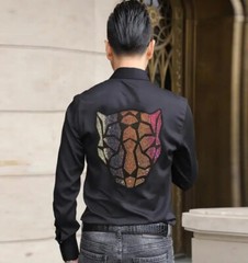 New Men Fashion Leopard Trend Rhinestones Hot Drilling Long Sleeve Button Shirt