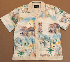 NWT $68 Malibu by Drill Clothing Textured Fabric Linen Look Cityscape Shirt sz L