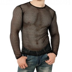 Men Net Blouse Long Sleeve Mesh Shirt Mens Casual Crew Neck Muscle Top Fishnet