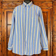 Alex Cannon Rowayton, CT Blue Gold Stripe 100% Cotton Button Down Shirt Sz XL