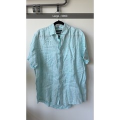 Saks Fifth Avenue Mens Large Linen Paisley Shirt Short Sleeve Light Blue White