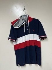 Polo Ralph Lauren Shirt Mens Large Red White Blue Striped Hooded Drawstrings