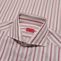 Isaia NWT Dress Shirt Size 39 15.5 in White with Red & Gray Stripes 100% Cotton