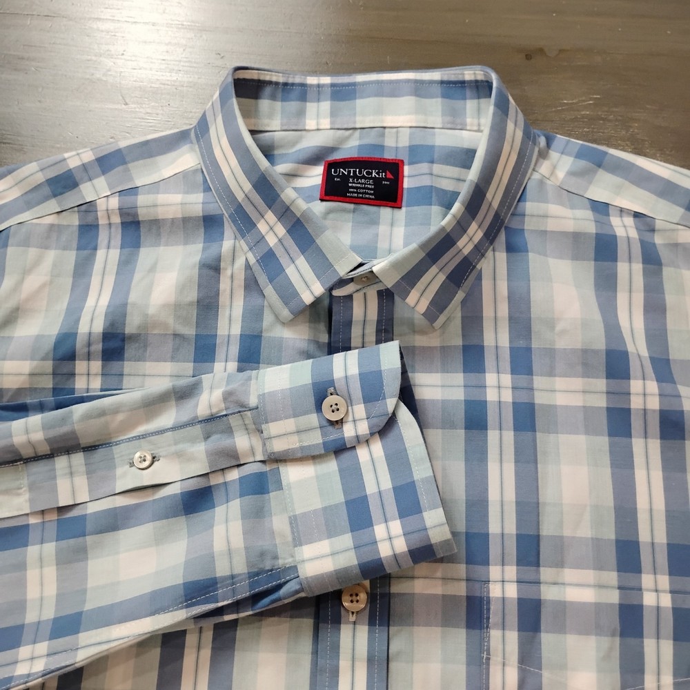 UNTUCKit Long Sleeve Button Up Shirt Mens XL White Blue Green Plaid No Iron