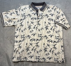 Boca Classics Polo Men’s Sz.M Cream W/Navy Bamboo Leaf Print Textured Resort Dad