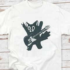 Cute Cat Playing Electric Guitar White Tee, Musician Gift For Friends