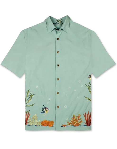 Bamboo Cay Men’s Short Sleeve Coral Harmony Embroidered Shirt, Aqua, XXL