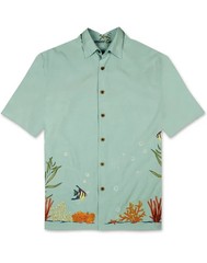 Bamboo Cay Men’s Short Sleeve Coral Harmony Embroidered Shirt, Aqua, XXL