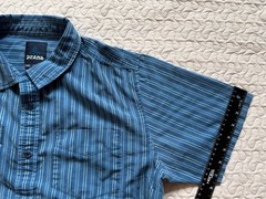 Prana Men’s Button Down Large 65% Org. Cotton 35% Polyester Blue Vertical Stripe