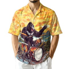 Gorilla Drummer Hawaiian Shirt Rock Music Aloha Button Down Casual Shirt