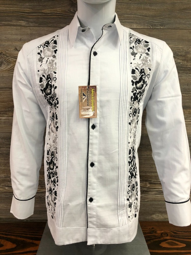 Men’s Guayabera White Wedding Dress Shirt With Black Flower Double Embroidery