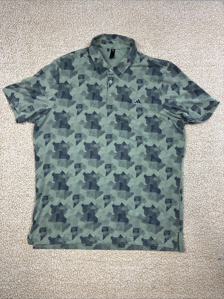 Adidas Golf Shirt Mens Large Green Blue Polo Performance All Over Print Stretch