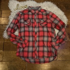 Buckle Black Western Shirt Mens Size XL Red Black Plaid Snap Front Athletic Fit