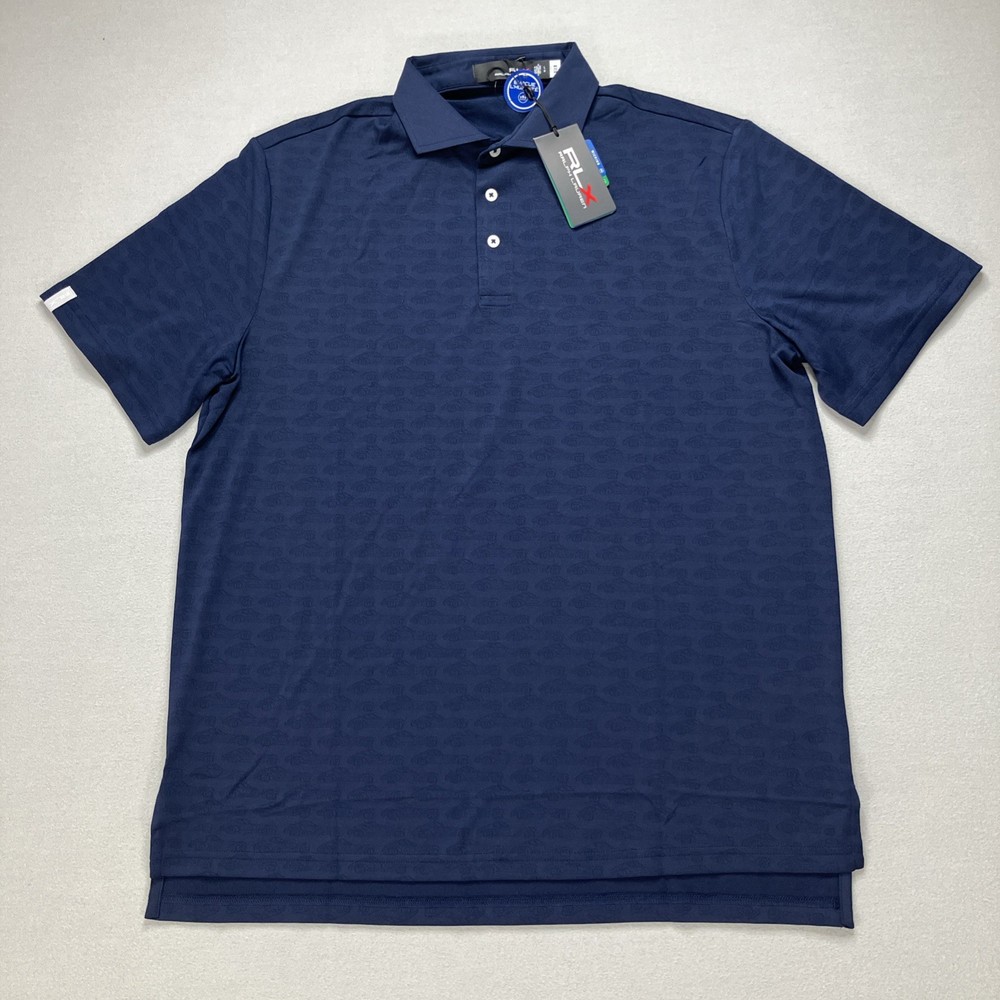 RLX Ralph Lauren Classic Fit Printed Piqué Racecar Polo Shirt Navy Mens Sz L NWT