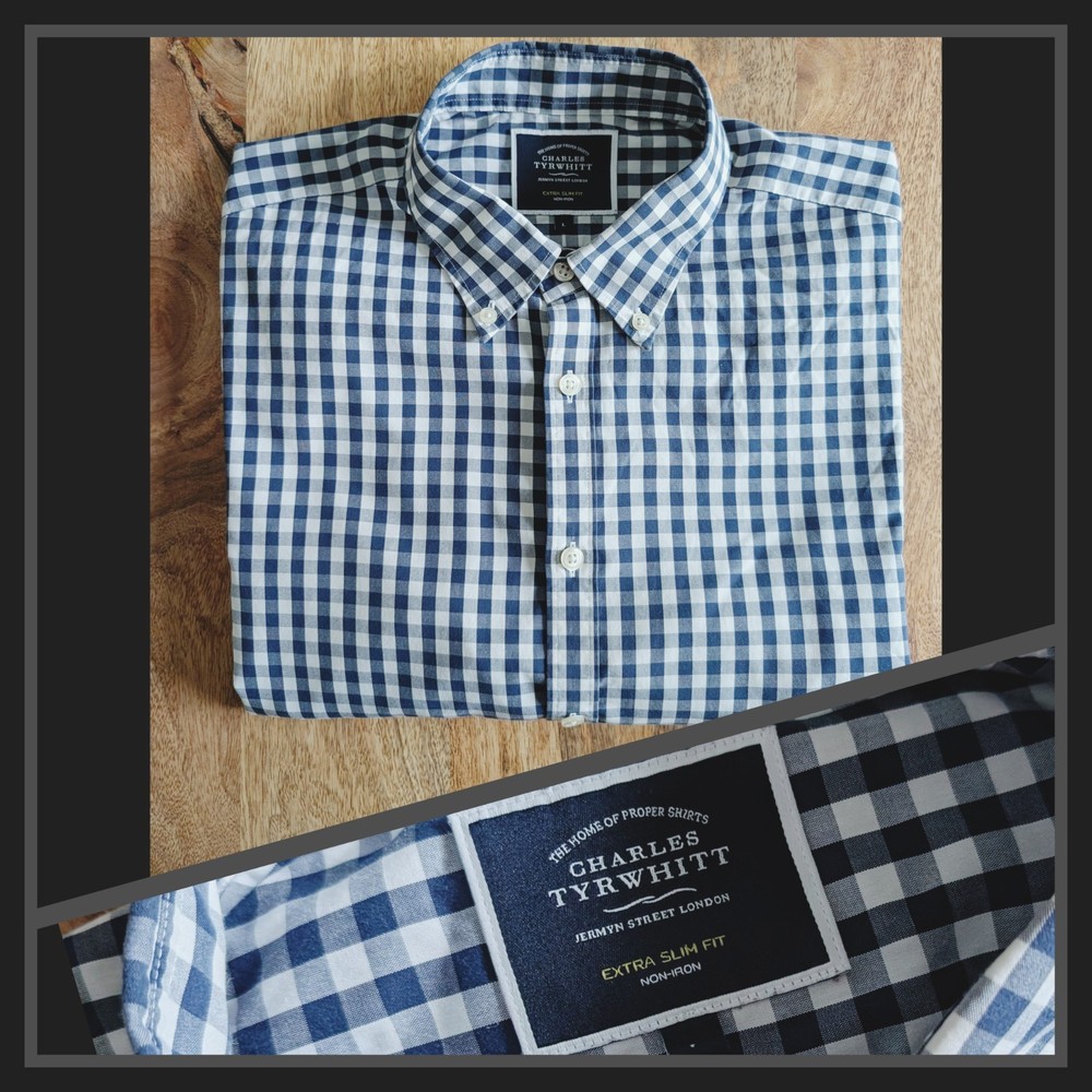Charles Tyrwhitt 🇬🇧 Large 16′ Blue White Check Causal Shirt Extra Slim