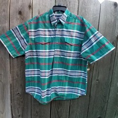 Vintage Wrangler Short-Sleeve Western Shirt M Button Teal Green Plaid Pattern
