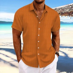 2025 Men Striped Button Down T Shirts Grandad Summer Short Sleeve Casual Tops