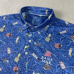 Johnnie-OPolo Shirt Mens XL Blue Tiki Print Baha Mar Resort Bahamas Vacation