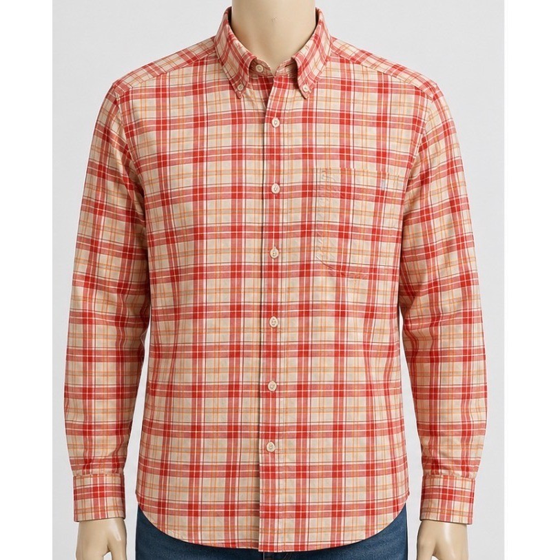 Columbia Mens Orange Plaid Long Sleeve Button Down Cotton Shirt Large RN69724