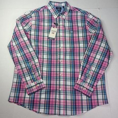 Chaps Easy Care Woven Shirt Men’s Size XL Peony Pink Plaid Stretch Classic Fit