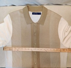 Nautica Sweater Shirt Mens Medium Tan Stripe Jacquard Button Preppy Golf Retro
