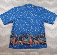 Coconut Pier Men’s 2XL Tropical Retro Surfboard Cars Button-Up Shirt Blue
