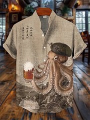 Japanese Ukiyo-e Great Wave Henley Shirt Short Sleeve Linen Cotton Casual