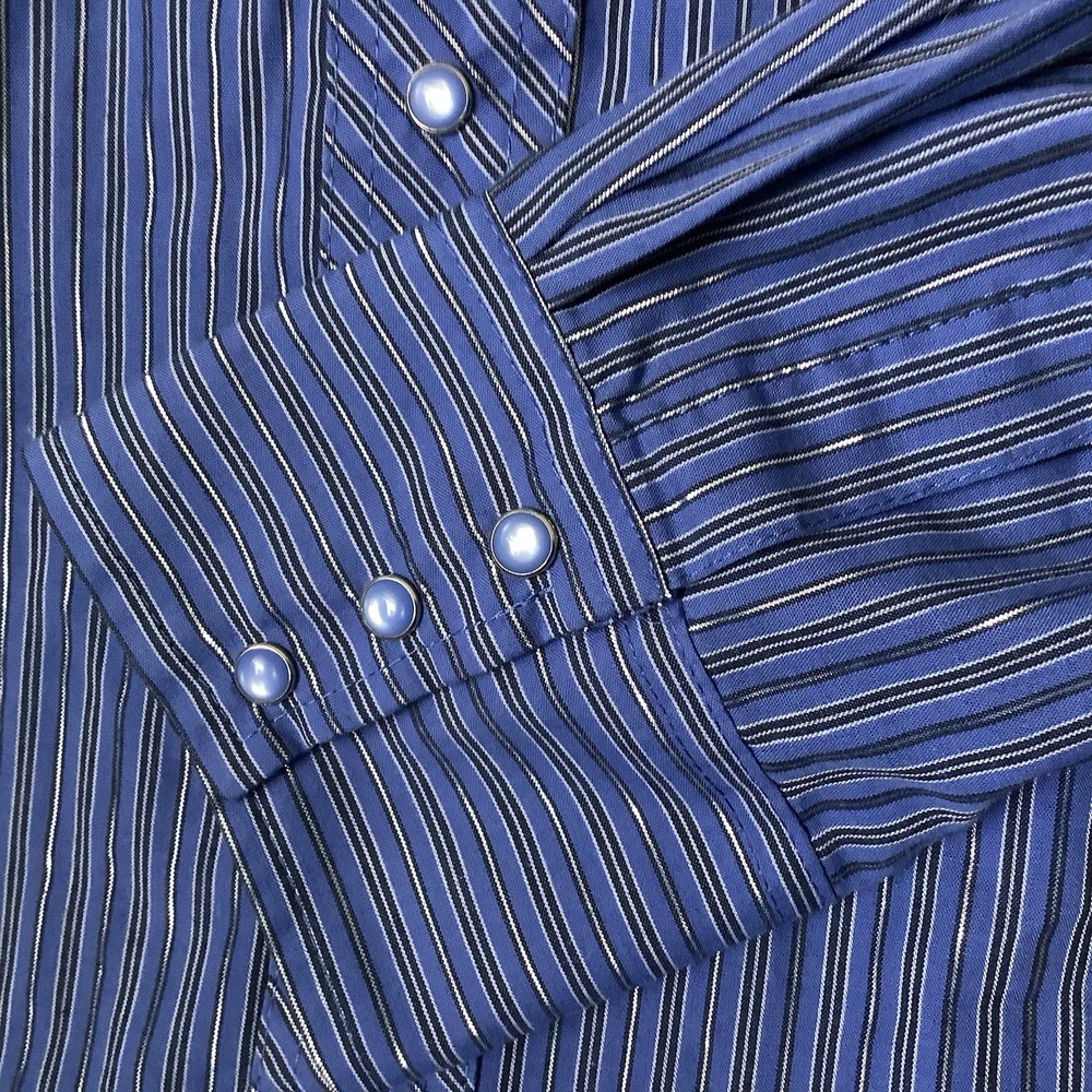 Wrangler Western Blue Black Silver Metallic Stripe Blue Pearl Snaps Sz XL