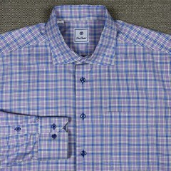 David Donahue Men’s Shirt XL Long Sleeve White Blue Purple Plaid Embroidery