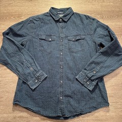 Express Shirt Mens Large Blue 100% Cotton Pearl Snap Denim Western Micro Print L