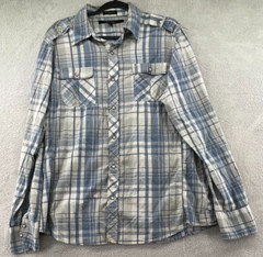 CJ Black Shirt Mens Large Blue Tan Plaid Pearl Snaps Button Up Pockets