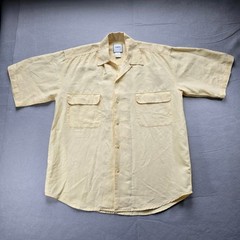 Vanto Mens 100% Linen Short Sleeve Button Down Shirt Yellow Camp Collar Small
