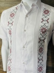 Mens Mexican Guayabera Shirt White Short Sleeve Red Wine Embroidery Cotton