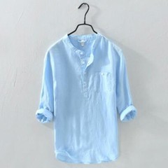 Mens Casual Long Sleeve Linen Blouse V Neck Henley Tops Lapel Button Up T Shirts