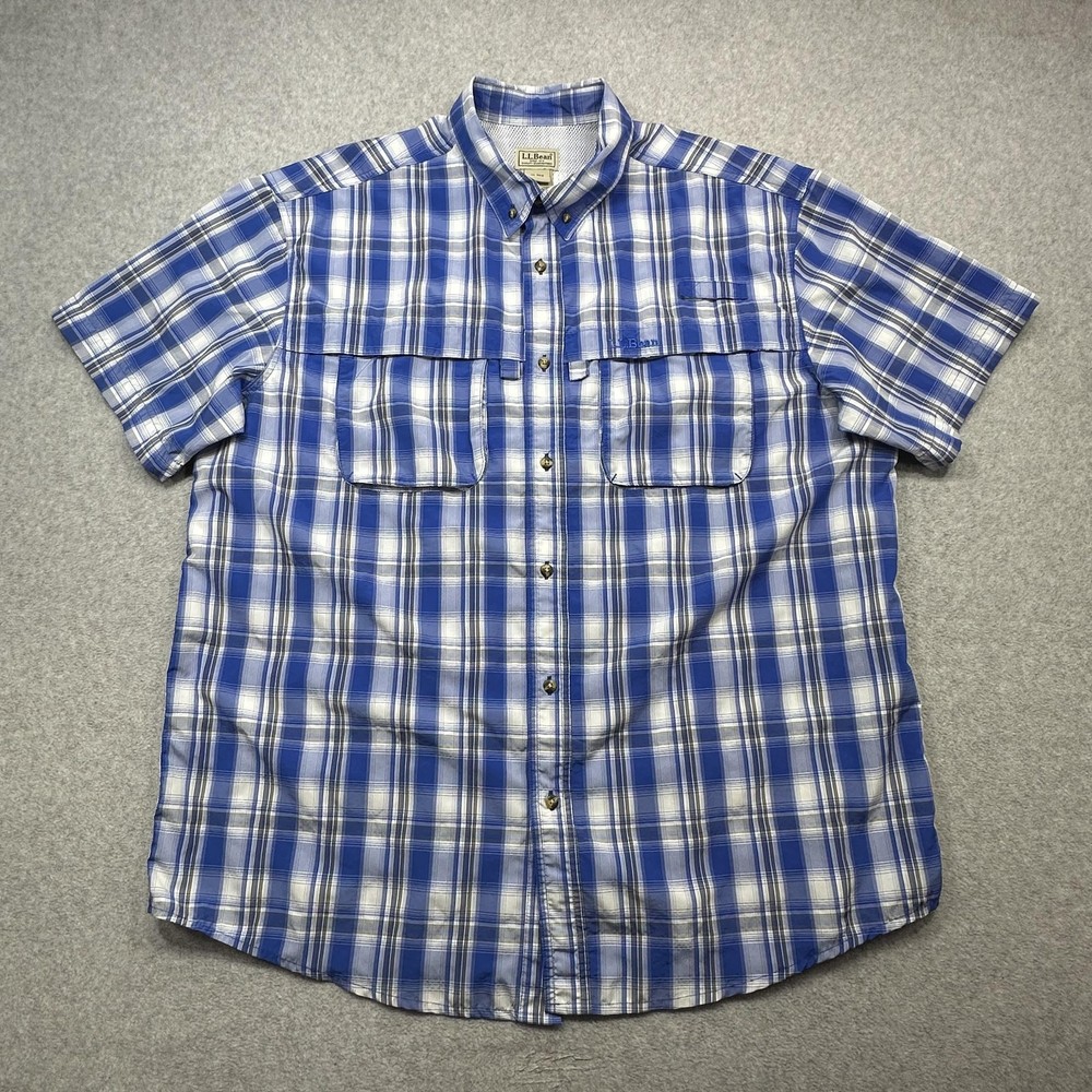 LL Bean Tropicwear Shirt Mens XL Blue Plaid Short Sleeve Vented Fishing Outdoor