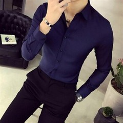 Mens Formal Dress Shirt Long Sleeve Collar Plain Slim Casual Business Work Top