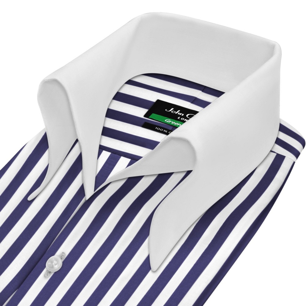 High Open Button Down Collar Buttonless Navy Blue Awning Stripes Men Party Shirt