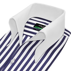 High Open Button Down Collar Buttonless Navy Blue Awning Stripes Men Party Shirt