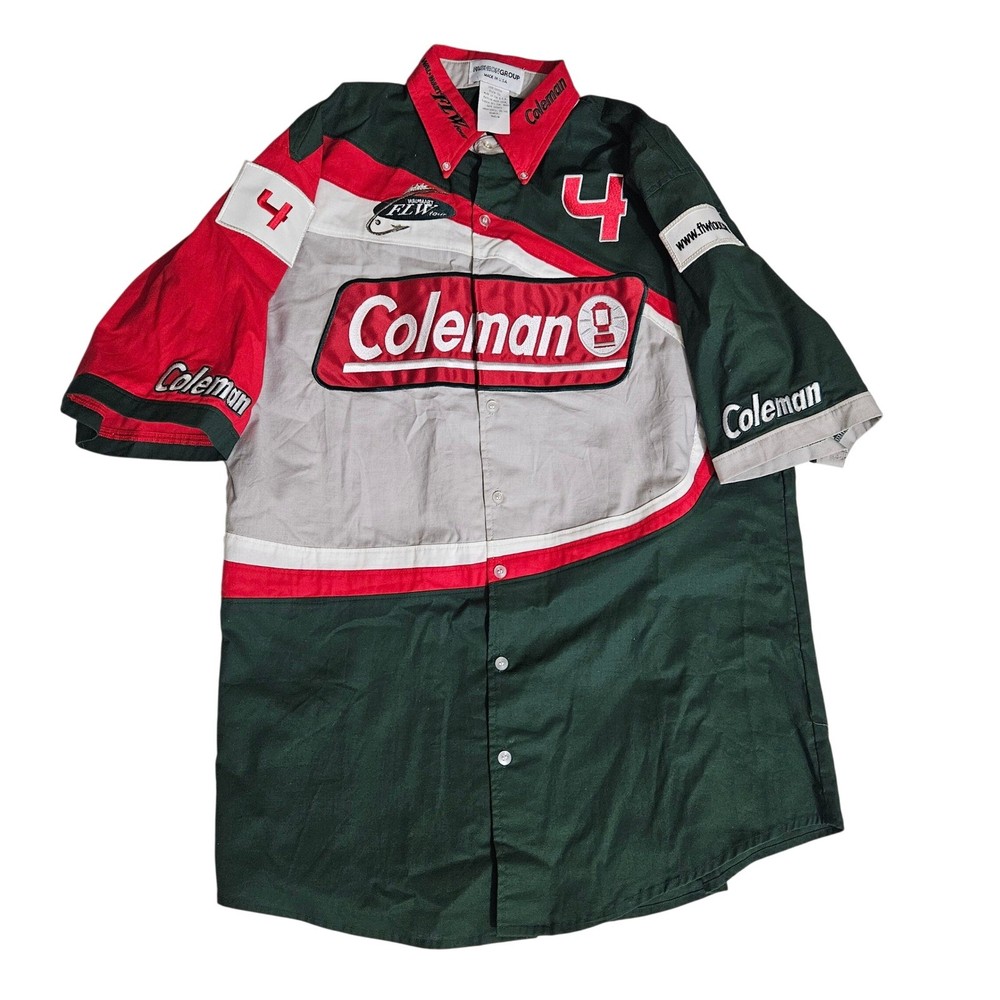 Vintage Coleman FLW Tour Fishing Jersey Shirt Mens Medium Green Red Button Up