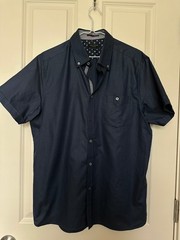 TED BAKER Short Sleeve Shirt Solid NAVY BLUE Pearl Button Trim Men’s Size 4