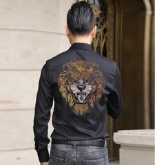 New Men Fashion Lion Trend Rhinestones Hot Drilling Long Sleeve Button Shirt