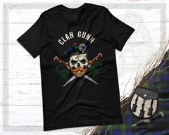 Scottish Clan Gunn Surname Skull Wearing Tam Dirks Tartan Badge