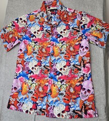 Riley Adams Shirt Exotic Skull Fish Koi Japaneese Tattoo Print Sz S