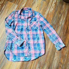 Kenneth Cole Reaction Cotton LS Women’s Plaid Button-Up Pockets M Pink Blue -1