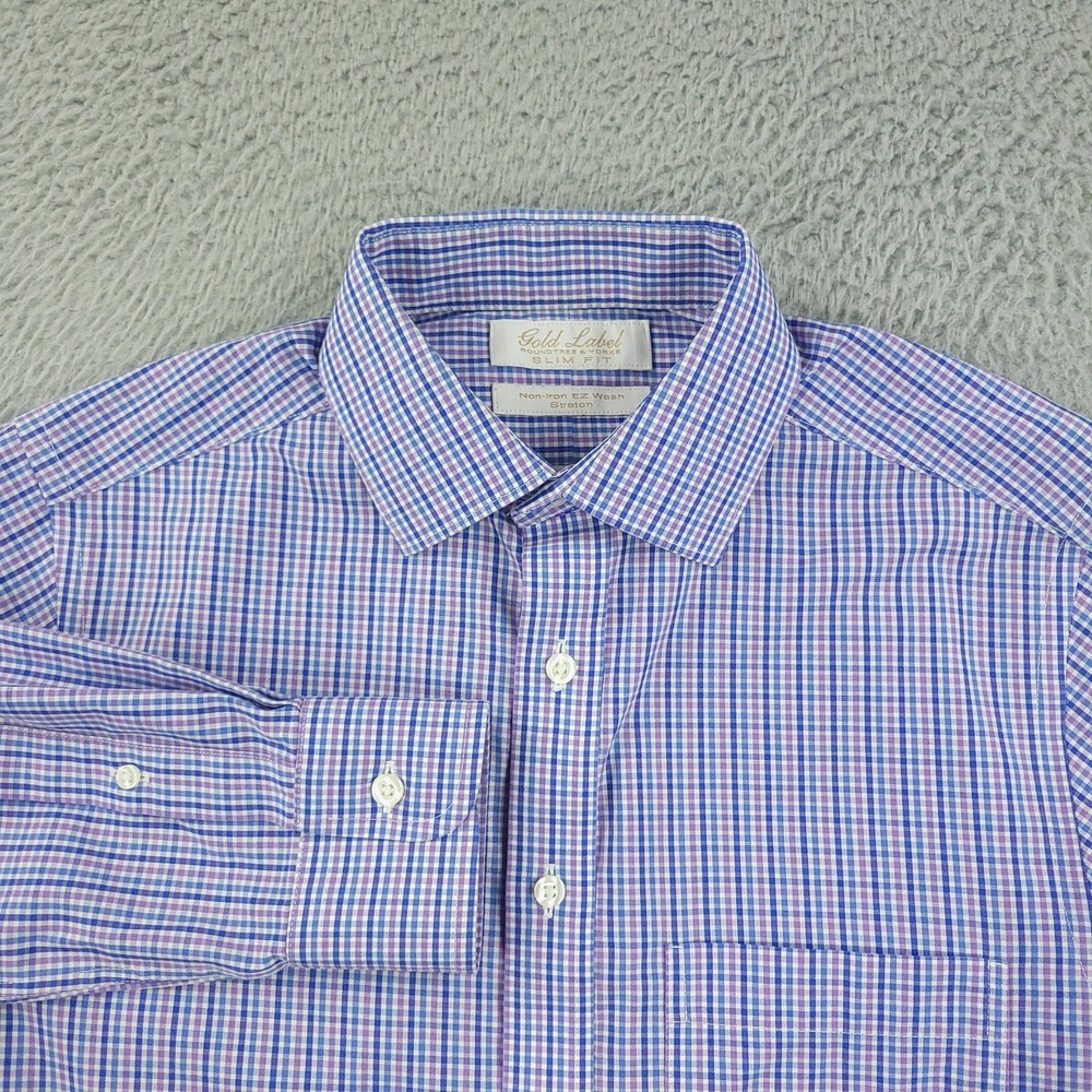 Roundtree & Yorke Gold Label Dress Shirt Mens 14.5 Blue Check Slim Non Iron